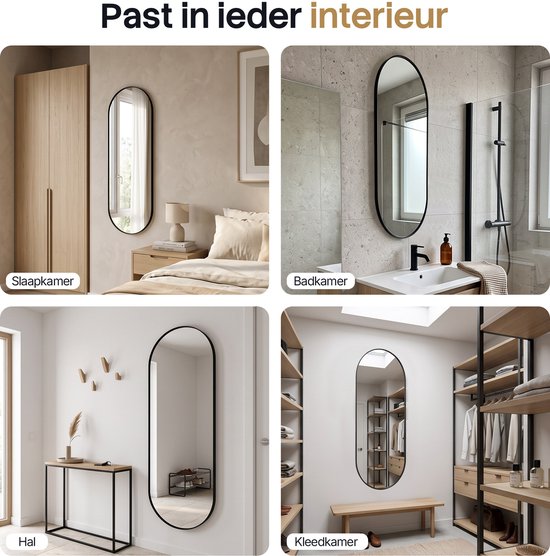 Miroir mural Infinity Goods ovale - 160 x 50 cm - Miroir design - Miroir à fixation murale - Bordure métallique - Style moderne - Miroir de dressing - Noir