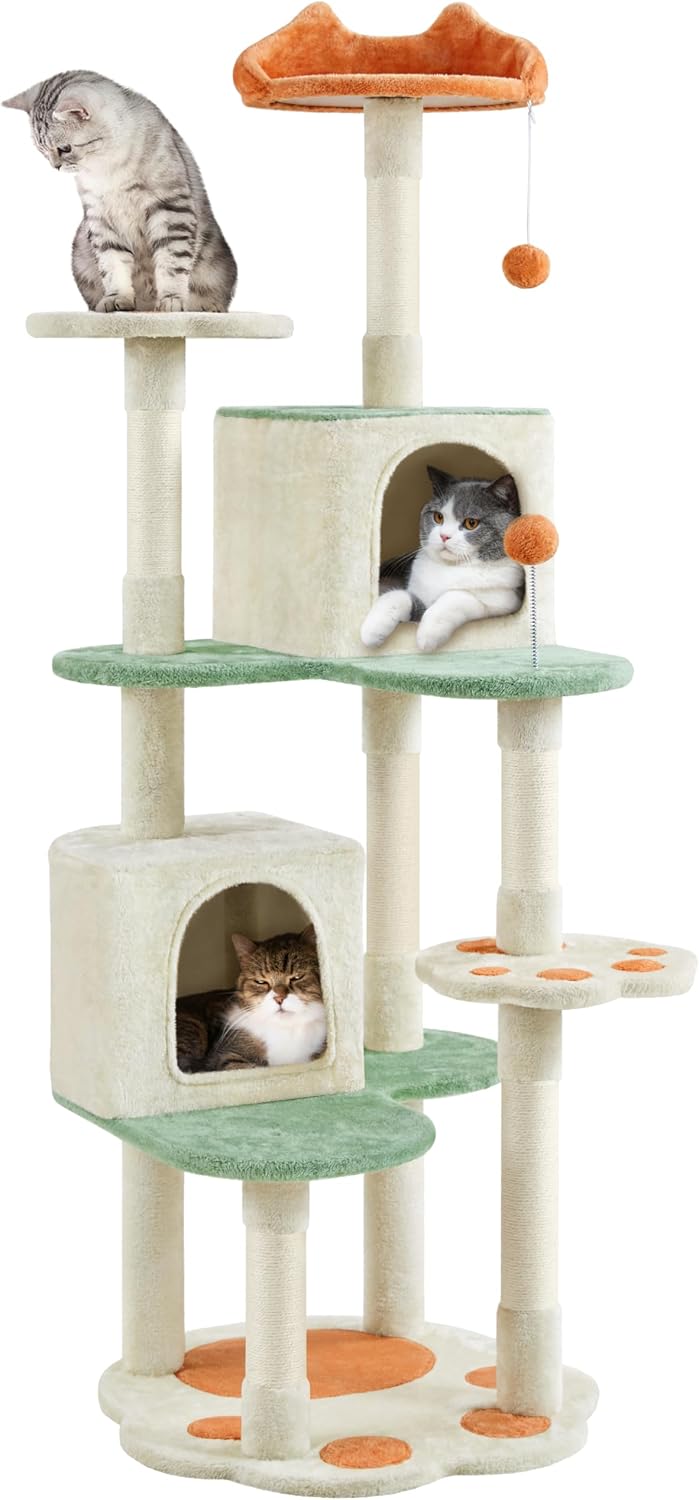 Yaheetech : Arbre à chat avec motif de pattes et maisonnettes pour chats - 59,5 x 55,5 x 164 cm - Beige/vert