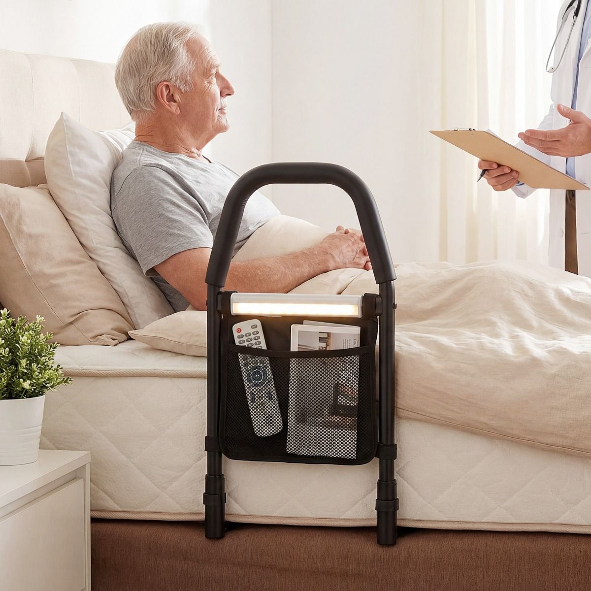Barrière de lit Coast avec poignée de sécurité - Veilleuse LED avec détecteur de mouvement - Compartiment de rangement - Noir