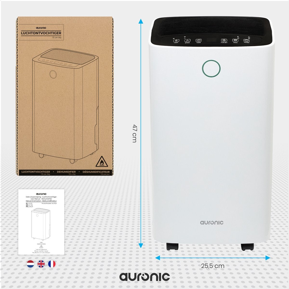 Déshumidificateur Auronic - 12 litres par jour - Fonction Lavage-Séchage - 185 W - 30,5 x 26,5 x 52 cm - Blanc