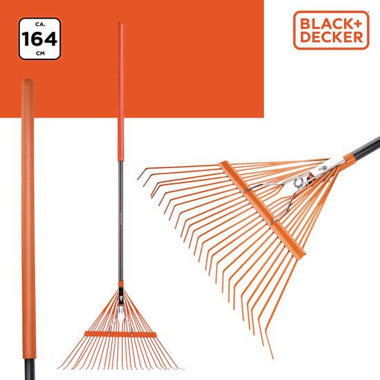 Râteau de Jardin - BLACK+DECKER - Râteau à Feuilles avec Poignée Confortable - 164 x 60 x 3 CM - Orange/Noir