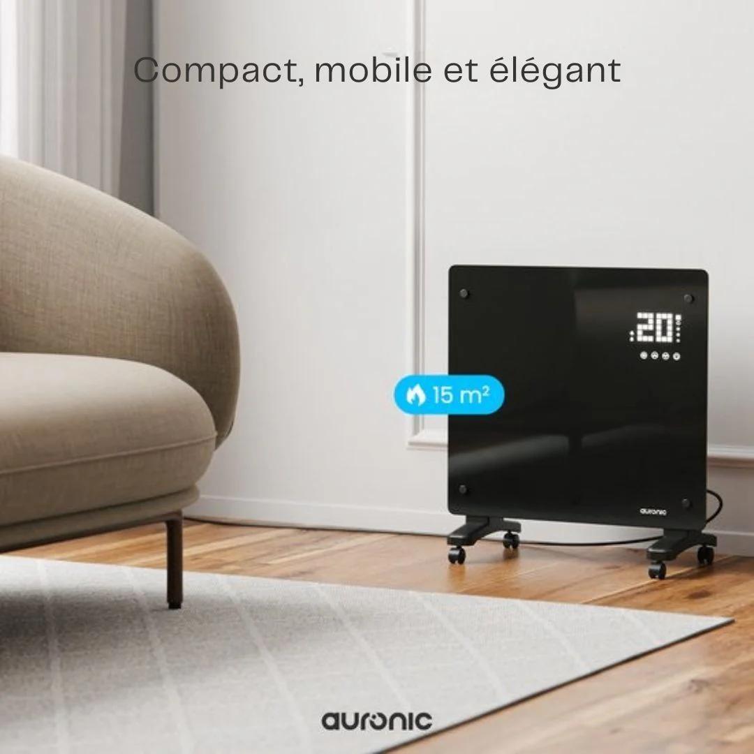 Radiateur électrique Auronic - avec thermostat et télécommande - à panneaux en verre - Radiateur 1000 W - Noir