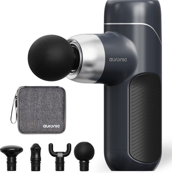 Auronic Massage Gun - Appareil de massage - Professionnel - 4 accessoires et étui - Pistolet de massage - Corps entier - Gris foncé