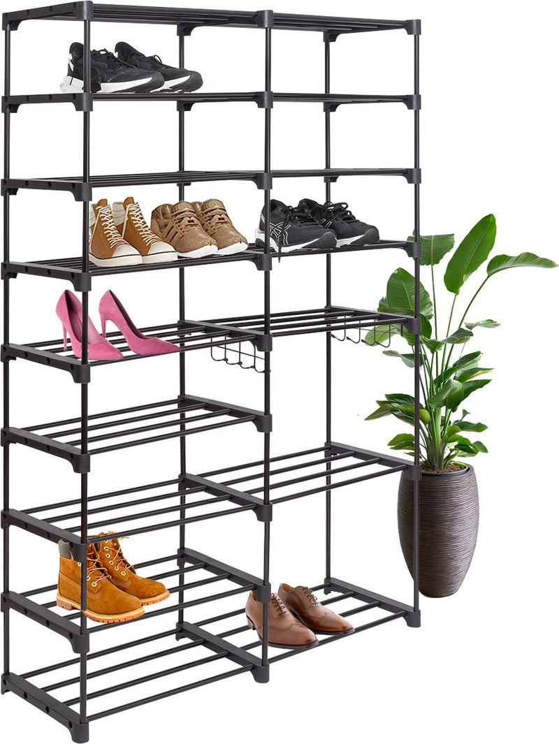 LifeGoods Rangement pour chaussures - avec crochet - multifonctionnel - 9 couches - 32 paires de chaussures - métal - noir