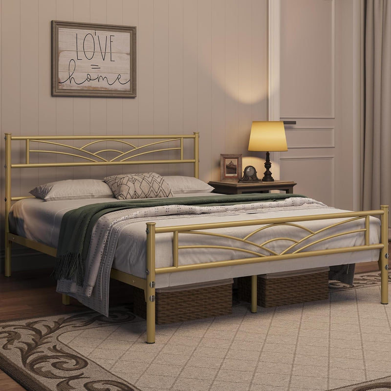 Yaheetech : cadre de lit en métal 140 x 200 cm – Or antique – Lit moderne pour enfant avec sommier à lattes et grand espace de rangement