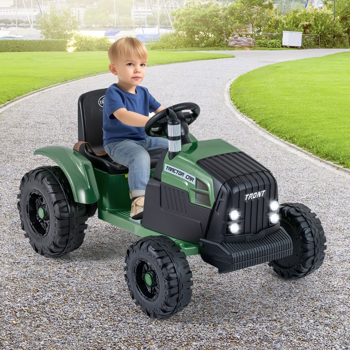 Tracteur électrique pour enfants Coast avec remorque - Double moteur - Télécommande - Vert foncé