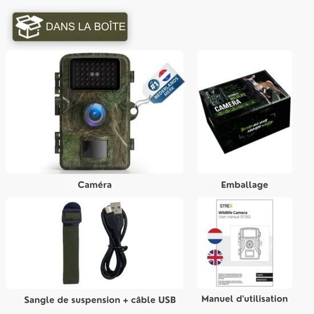 Wildlife Camera - Strex - Caméra de faune - Vision nocturne - 16MP 1080P Full HD - Waterproof - Caméra de chasse - Caméra pour animaux sauvages