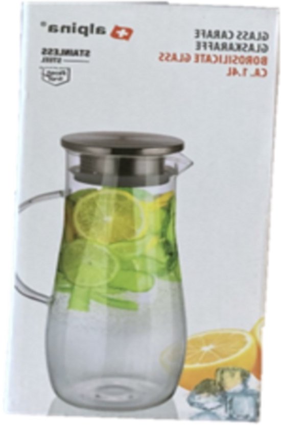 Pichet en verre Alpina 1,4 L - Pichet avec couvercle et filtre en acier inoxydable - Carafe en verre borosilicaté - Pichet transparent pour boissons froides et chaudes