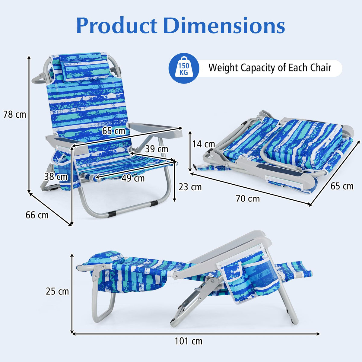 Chaise de plage pliable Coast - avec porte-gobelet et accoudoirs - 66 x 65 x 78 cm - Bleu