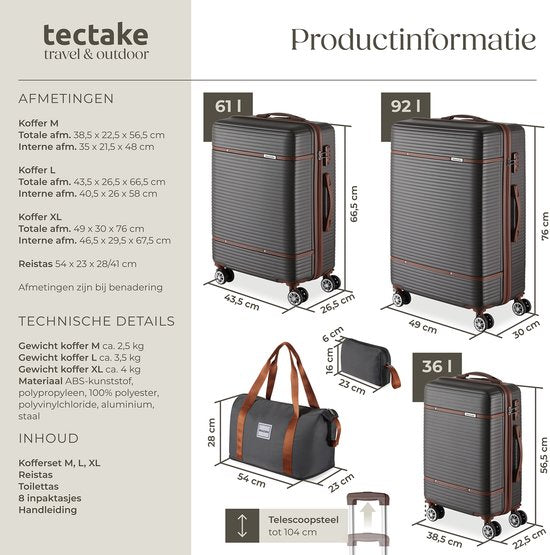 tectake® Set de valises - Set de voyage 13 pièces - Valises - Set de valises - Set de bagages Comprend une valise à main, une valise spacieuse, une trousse de voyage, une trousse de toilette, une trousse d'accessoires - Trolley avec serrure TSA - Anthraci