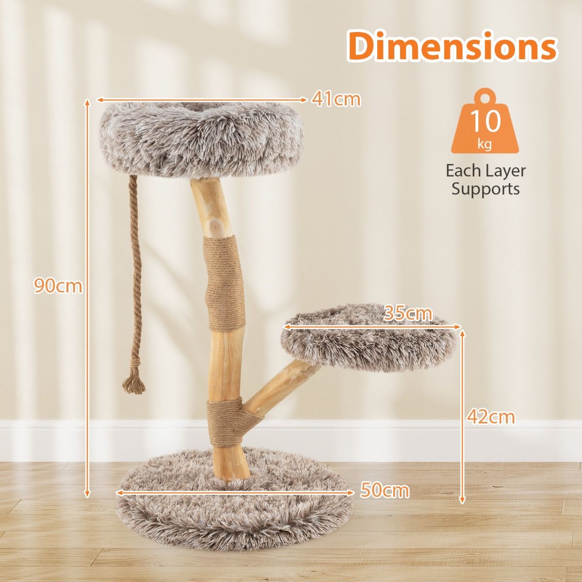 Arbre à chat Coast - 3 étages - bois de poirier et jute - gris clair et beige - 90 cm