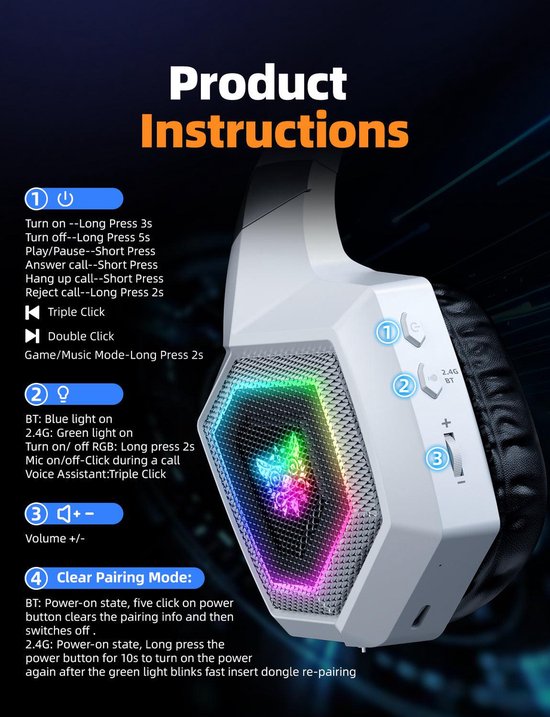 Casque Onikuma GT806 filaire et sans fil, arceau, gaming, Bluetooth, blanc
