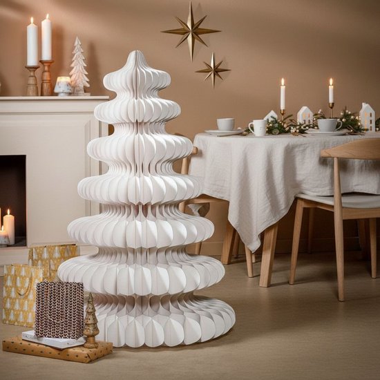 Mica Decorations Sapin de Noël en papier - Sapin de Noël artificiel pliable - H 152 x Ø 104 cm - Décoration de Noël - 100 % FSC - Blanc
