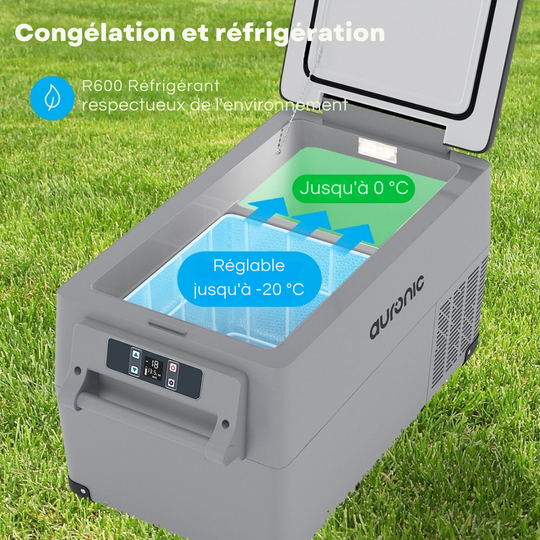 Glacière électrique à compresseur – Auronic – 30,4 L – 5 modes – 12V/240V – Double compartiment – Gris