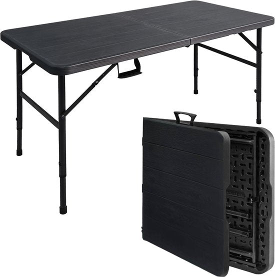 LifeGoods Table pliante - 180x74 cm - Table pliante robuste - Résiste aux intempéries - Table de salle à manger pliante - Table de camping - Table pliante pour l'intérieur et l'extérieur - Aspect grain de bois noir