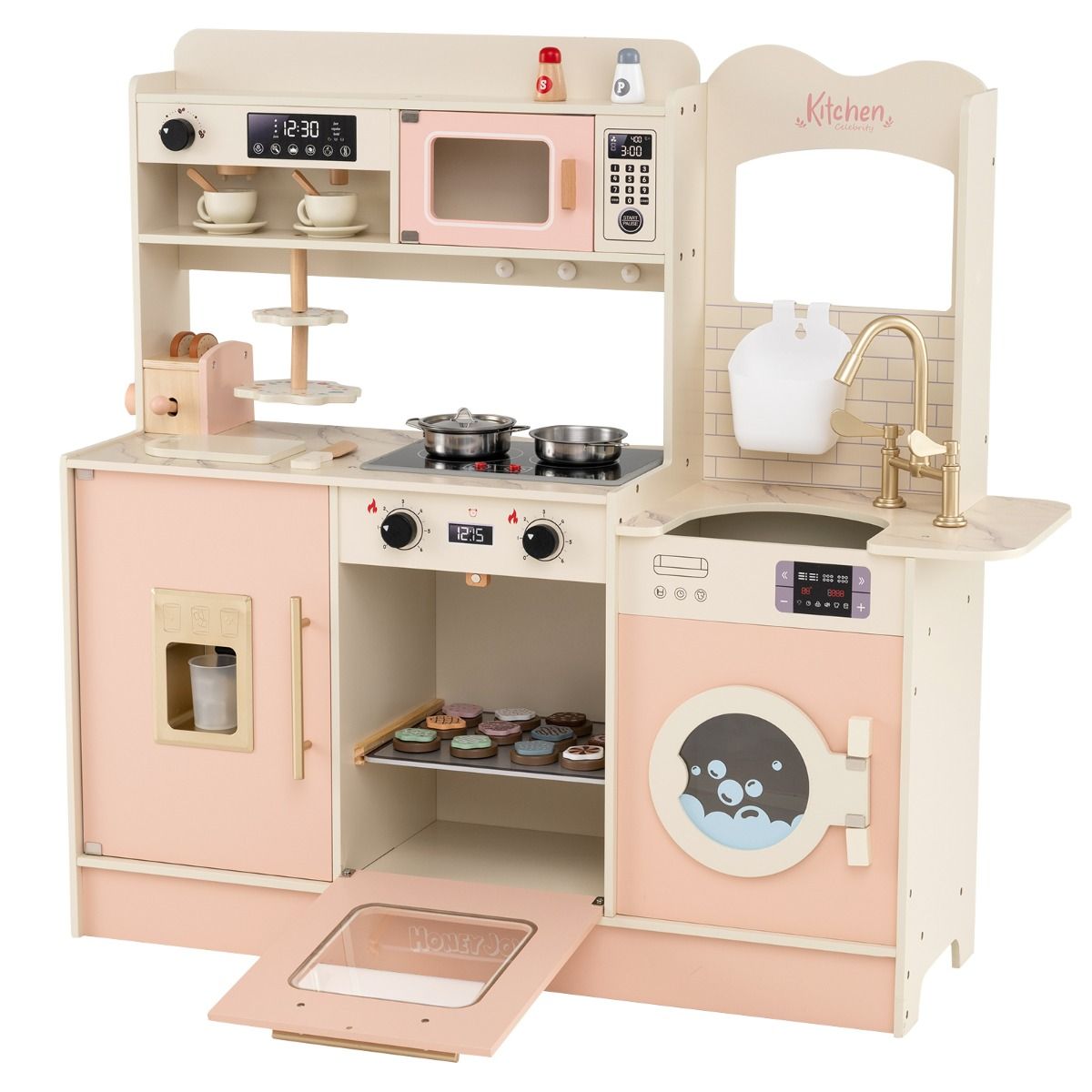 Cuisine jouet en bois Coast pour enfants - avec 25 accessoires - lumières et sons - rose