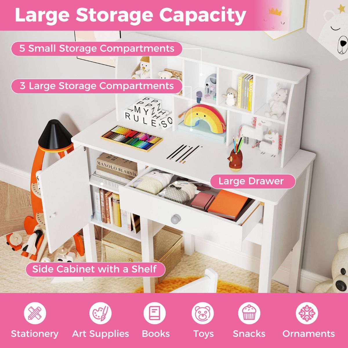 Bureau pour enfant Coast avec chaise - nombreux rangements - dispositif anti-basculement - blanc