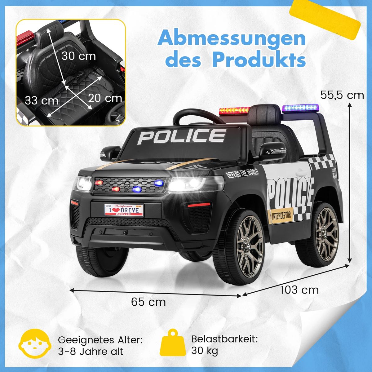 Voiture de police électrique pour enfants Coast - avec télécommande - sirène et éclairage LED - noire