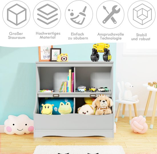 COSTWAY Étagère pour enfants, étagère à jouets avec 4 compartiments, étagère à livres pour enfants, étagère de rangement, organisateur de jouets pour la chambre d'enfant et la salle de jeux, 67 x 40 x 62 cm, gris