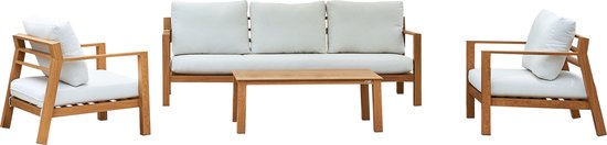 Ensemble de salon AXI Orla 4 pièces (fauteuils et canapé) aspect bois/beige – 2 fauteuils, un canapé et une table – Structure en aluminium thermolaqué – 5 personnes