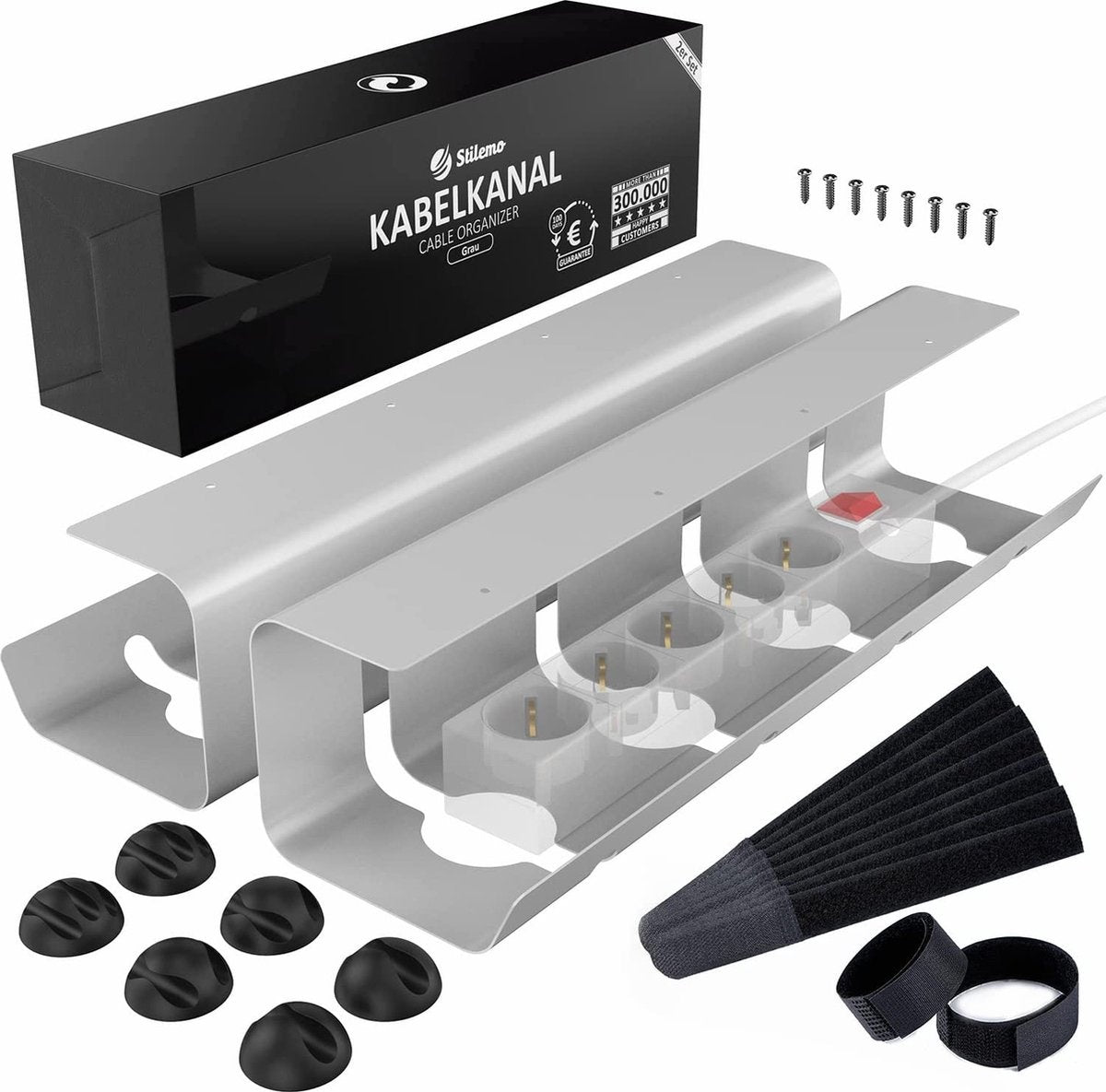Stilemo Kabelgoot Bureau 2 Delig - Cable Management - Kabelhouder 43 CM - Kabelbox - Kabel Organiser 5 KG Draagkracht - Opberbox Stekkerdoos - Grijs - Incl. Accessoires