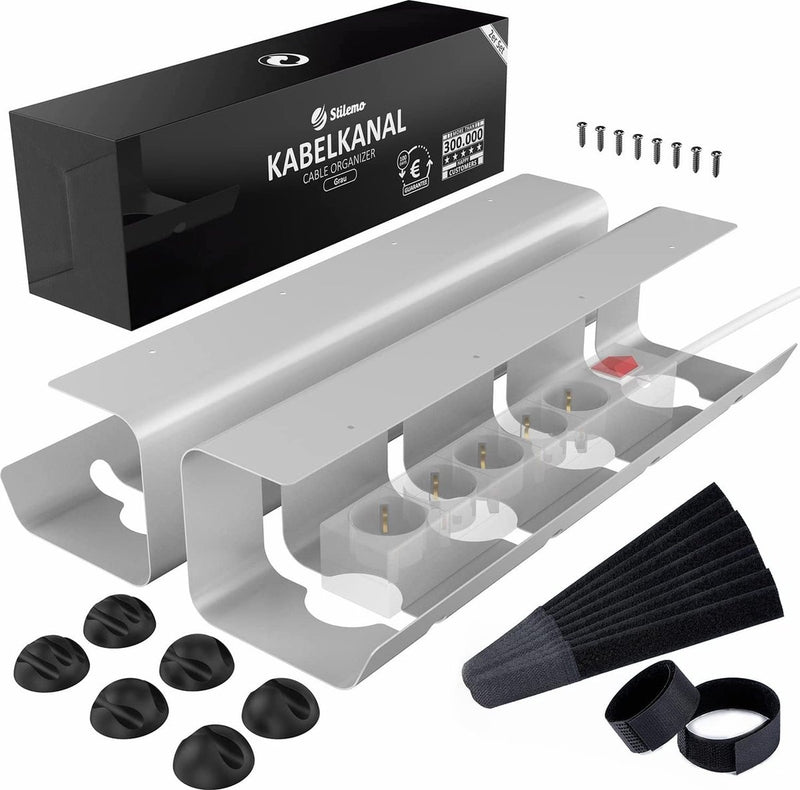 Stilemo Kabelgoot Bureau 2 Delig - Cable Management - Kabelhouder 43 CM - Kabelbox - Kabel Organiser 5 KG Draagkracht - Opberbox Stekkerdoos - Grijs - Incl. Accessoires