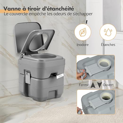 Toilettes de camping portables Goplus 20 L + 10 L – HDPE – Système de chasse d'eau – Jusqu'à 200 kg – Gris