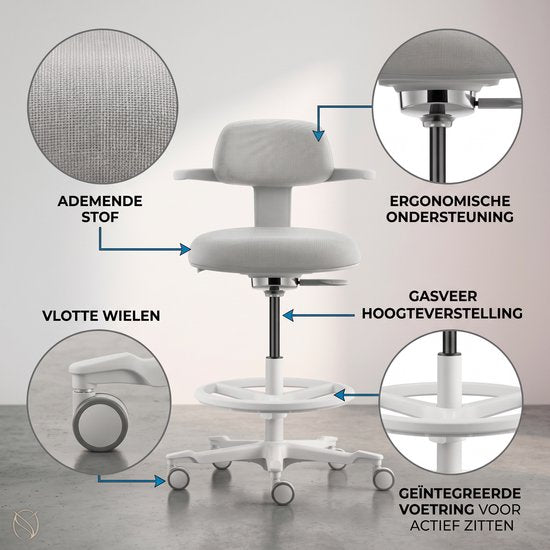 Tabouret de travail ergonomique Backerz avec repose-pieds annulaire - Chaises de bureau pour adultes - Entièrement réglable, jusqu'à 120 kg - Chaise de bureau - Chaise de gaming - Blanc