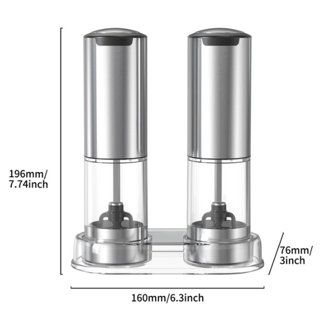 Ensemble de moulins à poivre électriques Cuisync - 2 pièces - Rechargeables - Degré de mouture réglable - Acier inoxydable - Argent