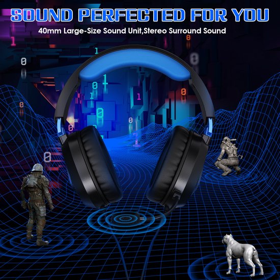 Casque gaming KOTION EACH G3100 - Casque circum-auriculaire avec microphone - Compatible avec Nintendo Switch, PS5, PS4, Xbox Series X|S, Xbox One, appareils mobiles et PC - Noir et bleu
