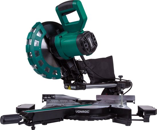 VONROC MS502AC Tronçonneuse - 2200W - 4500 tr/min - Rallonges de table réglables - Vert - 82x48x41 cm