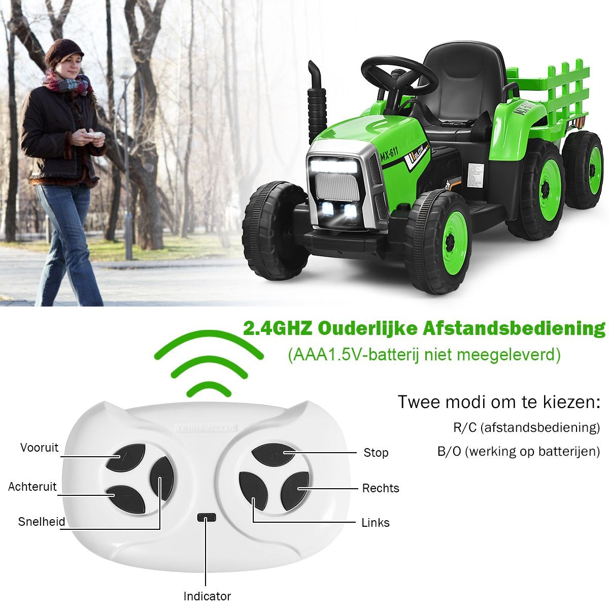 Tracteur pour enfants Coast avec remorque - 3 vitesses 12V - Vert