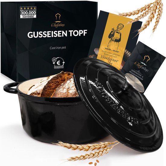 Casserole en fonte Chefarone 4,7 L - Sans PFAS - Casserole avec couvercle - Compatible avec toutes les sources de chaleur - Casserole Ø 26 cm - Émaillée noire - Cadeau pour femmes