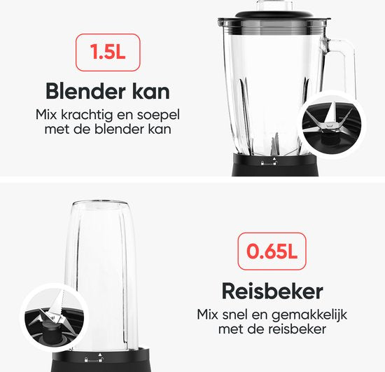 Blender -  Kitchenwell - Puissant mixeur à smoothie de 1300 watts - 1,5 litre - gobelet en verre -  Gobelet de sport inclus - acier inoxydable - Noir
