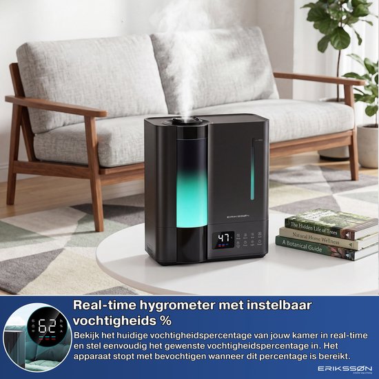 Humidificateur Erikssøn Elite - 8 litres - Adapté au salon, au bureau, à la chambre à coucher, à la chambre de bébé - Humidificateur - Avec fonction d'aromathérapie - Noir