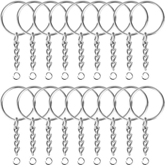 Porte-clés avec chaîne - 50 anneaux fendus pour porte-clés en acier inoxydable - Set d'anneaux fendus pour porte-clés - 25 mm - 50 pièces