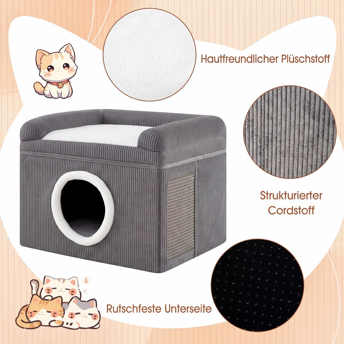 Maison pliable pour chat Coast - avec tapis à griffer en sisal - coussin moelleux et bords surélevés - gris
