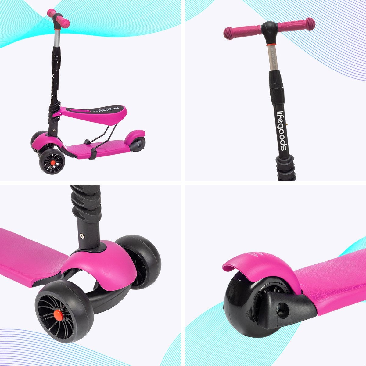 LifeGoods MultiRider Scooter pour enfants - Étape 3-8 ans - Siège réglable - Roues lumineuses - Garçons/Filles - Rose