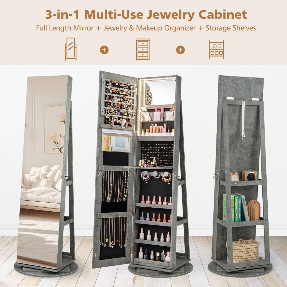 Armoire à bijoux Coast avec miroir - pivotante à 360° - éclairage LED - marron foncé
