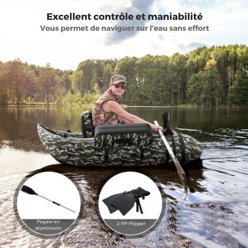 Bateau de pêche gonflable Coast, Support de canne à pêche et dossier réglables, 2 porte-hameçons, 135 x 109 x 54 cm, Motif Camouflage