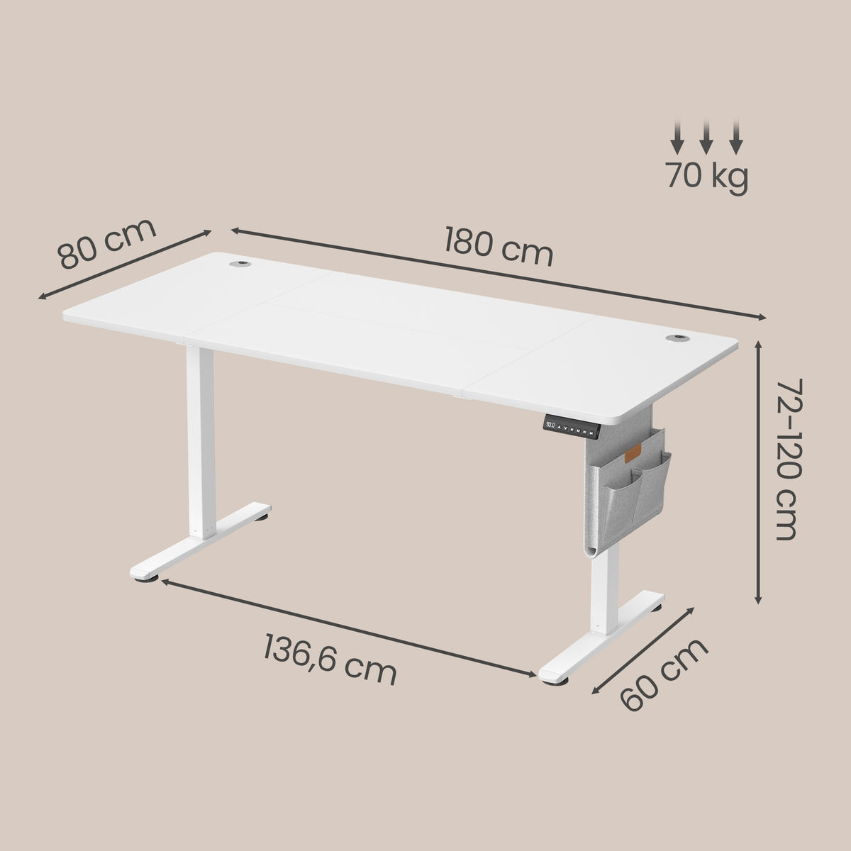 JOYFURNOS Bureau électrique à hauteur réglable, 180 x 80 cm, réglage en continu, fonction mémoire avec 4 hauteurs, blanc nuage