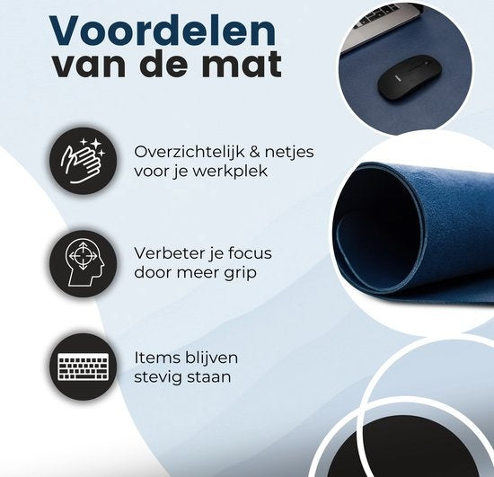 WURK Tapis de bureau professionnel en cuir synthétique - Organisateur de bureau - Accessoires de bureau - Tapis de souris XXL- Inclut un clip de câble - 90x45 - Bleu