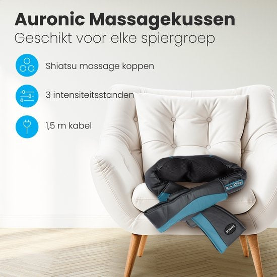Coussin de massage shiatsu Auronic - Appareil de massage électrique pour la nuque - Appareils de massage - Appareil de massage pour la nuque et les épaules - Infrarouge - Noir/Bleu