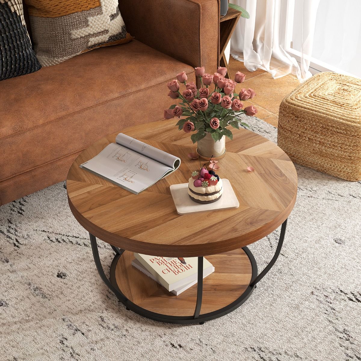 Table basse ronde Coast - 2 niveaux - Structure métallique - Marron - 80 cm