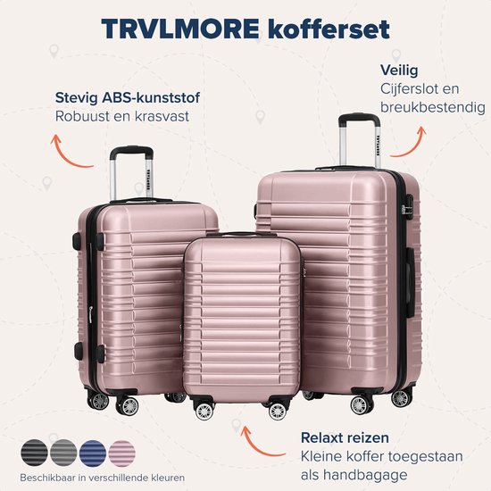 TRVLMORE Set de valises - 3 pièces - 38L Hand Luggage + 70L and 110L Spacious Luggage - Lightweight - Trolley - Travel Suitcase Set - Rose Gold