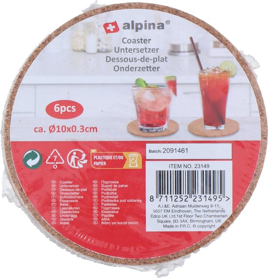 Alpina, sous-verres en liège, lot de 6, Ø 10 cm