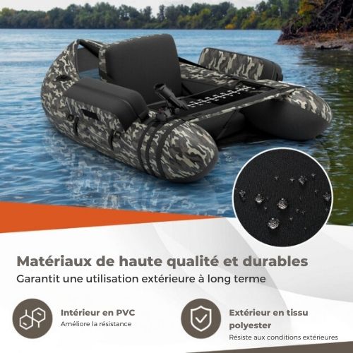 Bateau de pêche gonflable Coast, Support de canne à pêche et dossier réglables, 2 porte-hameçons, 135 x 109 x 54 cm, Motif Camouflage