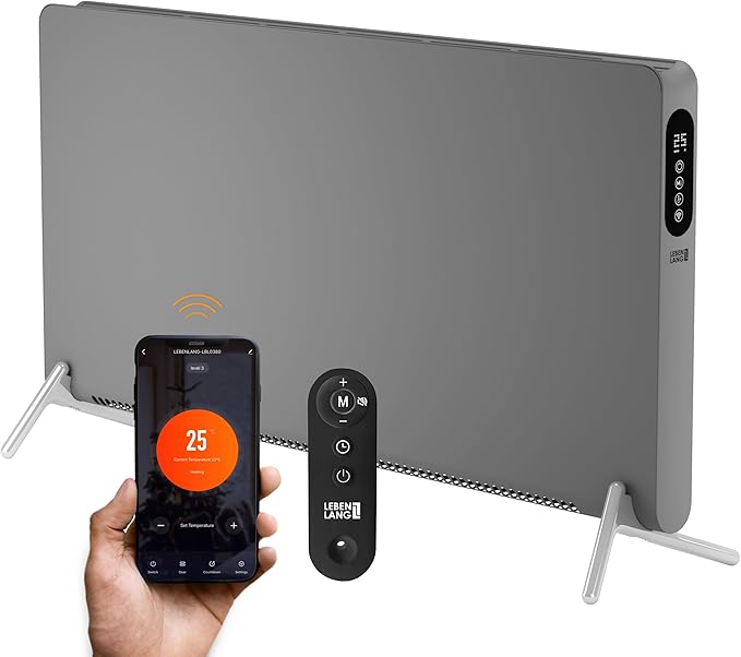 Chauffage électrique LIFETIME - 3 niveaux de chaleur, WiFi & App Control - 2000W - 94,5 x 50,5 x 12,5 cm - Gris