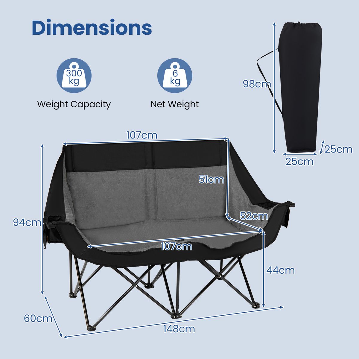 Chaise de camping double pliable Coast - Chauffante - 3 niveaux de chaleur - Noir