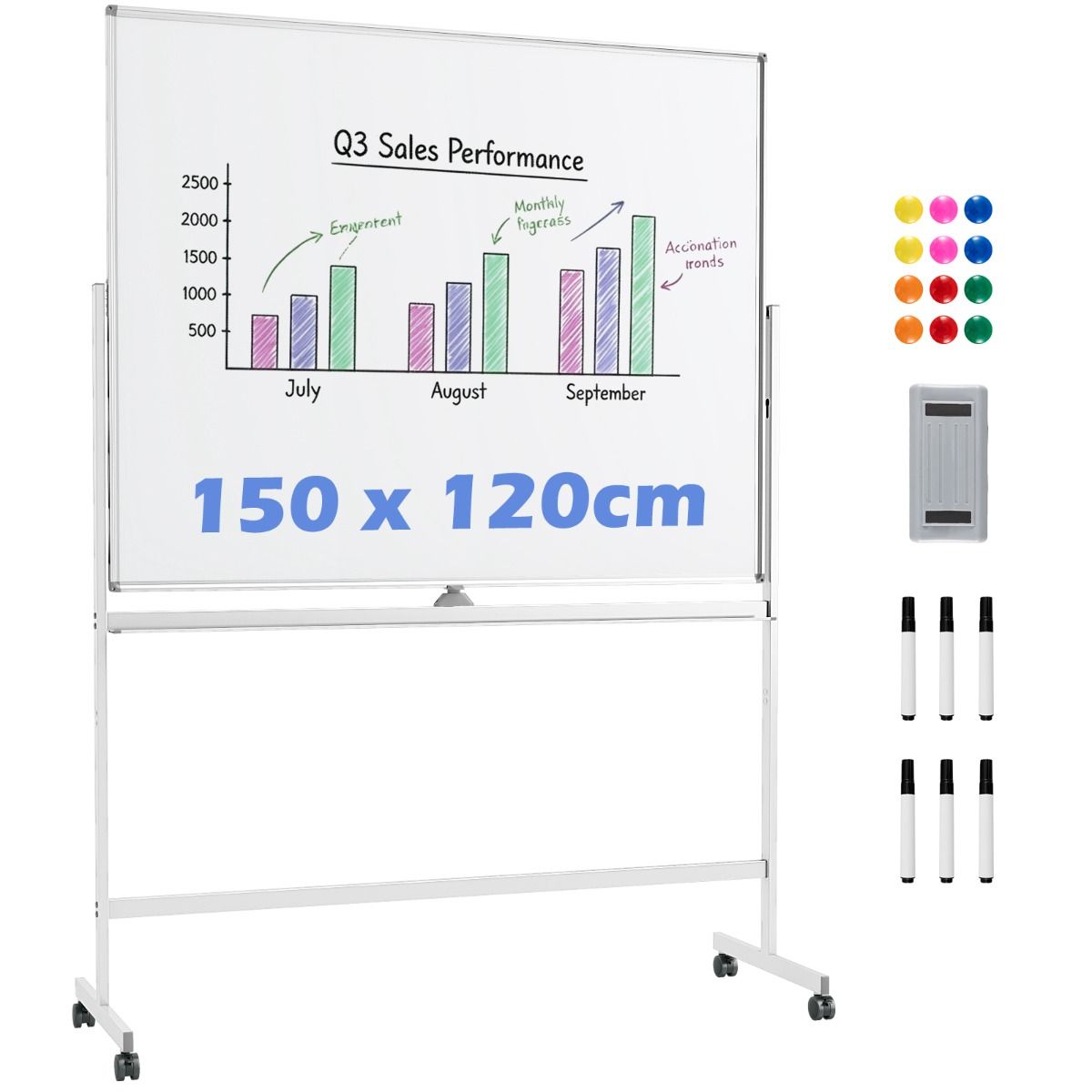 Tableau blanc mobile Coast - Tableau magnétique double face - Hauteur réglable - Avec roulettes - Blanc 150 x 120 cm